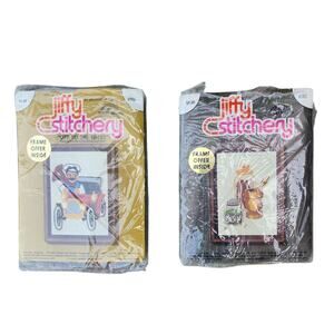 2 Jiffy Stitchery Kits - Spices #382 & Off To The Races #752 Vintage 1974 New